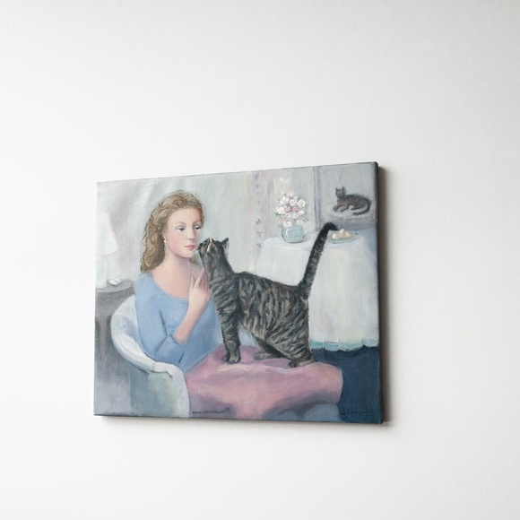 Oil painting  "La conversation"   portrait of woman with cat, 20"x24" - Picture 3 of 4